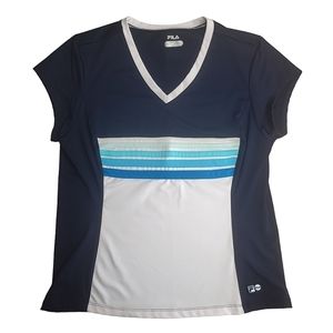 FILA Navy Blue Striped Fitted V-Neck Workout Athletic T-Shirt Top